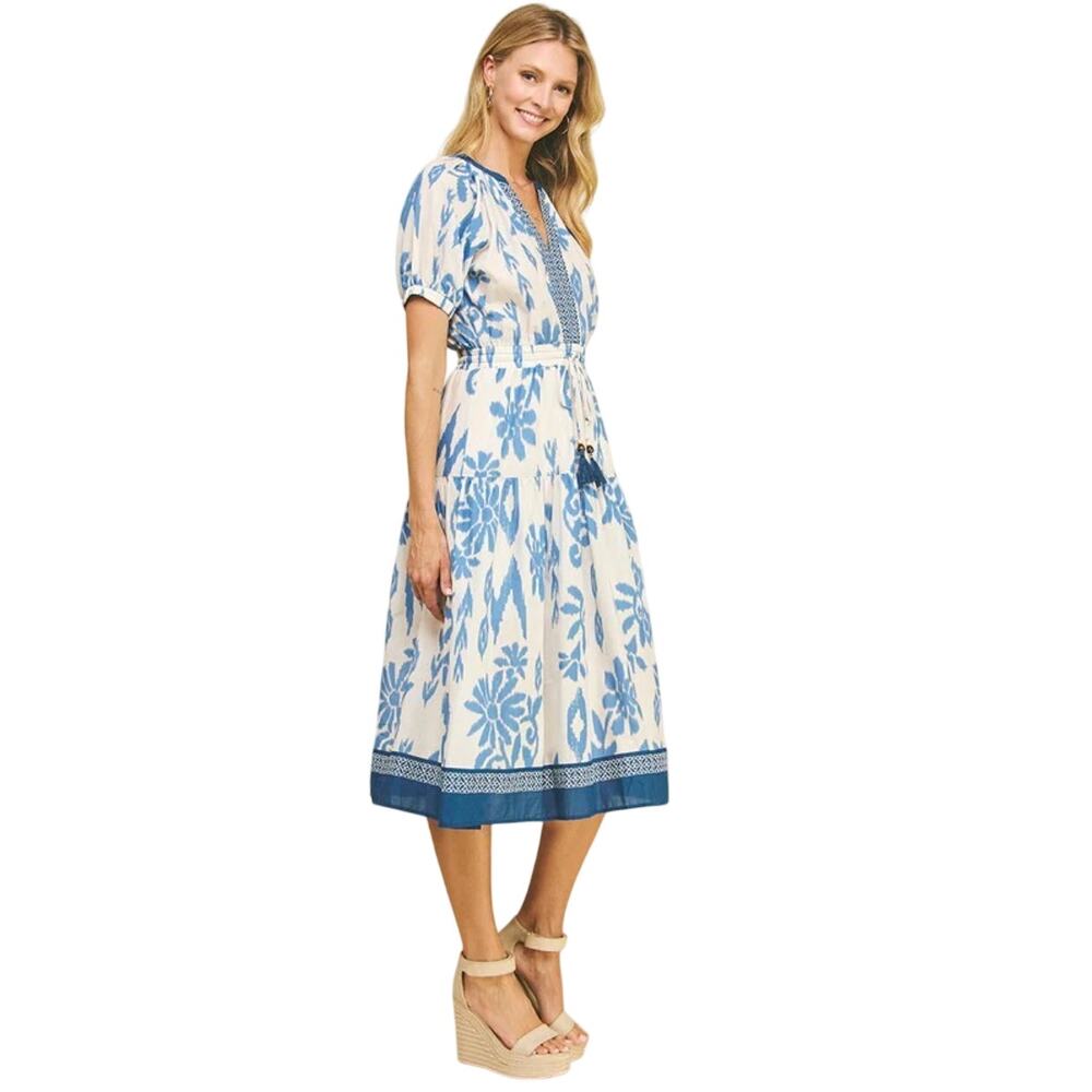 Pinch Coastal Comfort Blue White Floral Ikat Midi Dress Tassel Waist Size M NWT - Picture 8 of 8